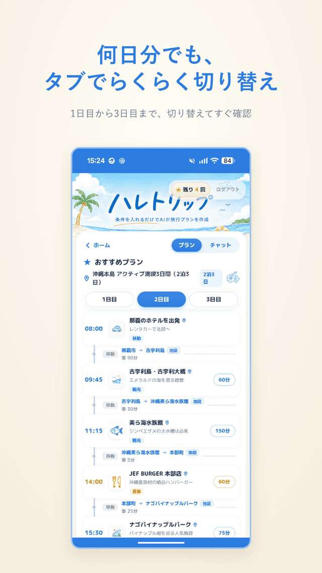 何日でも、タブでらくらく切り替え